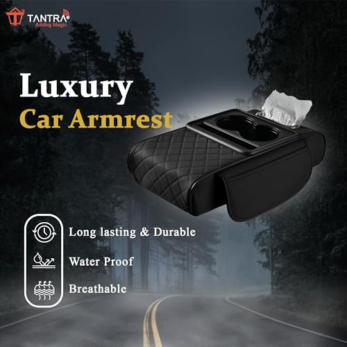Image of TANTRA Premium Car Armrest Cushion Organizers, 5-in-1 Center Console Cover with 2 Storage Bags Cup Holder, Tissue Box Slot, Phone Slot for Sedans, Car Accessories Interior Organizers (Black)