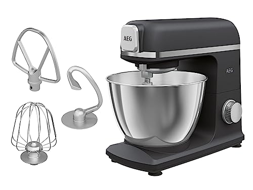 AEG KM5-1-4BPT Küchenmaschine / + Zubehör / 1200 W / 6 Geschwindigkeitsstufen / Pulse-Funktion / planetarisches Rührwerk / 6,1 kg / Voll-Metall Gehäuse / 5 l Edelstahl Rührschüssel / matt schwarz