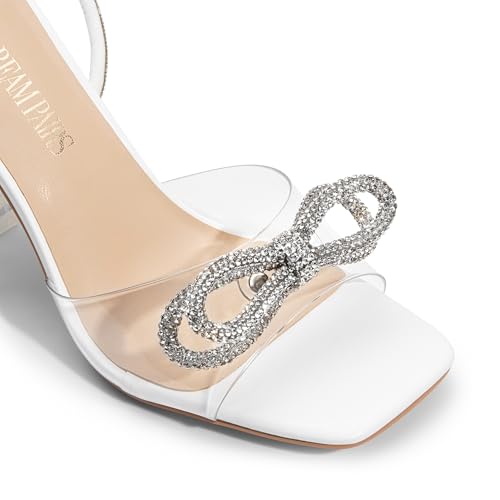 DREAM PAIRS Stiletto Bow Heels for Women Strappy Sparkly Rhinestone Square Toe Clear Crystal High Sandals for Party Wedding,Size 8,White-Pu,SDHS2481W
