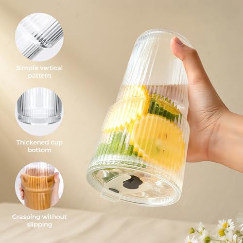 Colnic 4PCS 20oz Glass Cups with Lids and Straws, Iced Coffee Cups with Lids, Stylish Ribbed Thick Drinking Glasses Tumbler for Juice, Smoothies, Cold Beverages, Cute Cup Gifts with Clean Brush - image 4