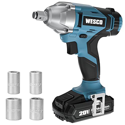Cordless Impact Wrench, WESCO 20V Impact Wrench, 1/2-inch, 2.0Ah Li-ion Battery and Charger Included, 3000 IPM, 2400 RPM, Impact Sockets Included, Belt Clip for Easy Carrying