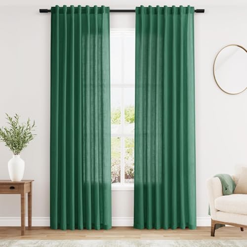 Image of Nanspring Linen Curtains 84 Inch Long for Living Room Back Tab Dark Green