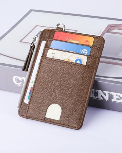 Image of Teskyer Slim Minimalist Wallet, RFID Blocking Credit Card Holder Leather Wallet with Zipper Pocket for Men Women, Coffee, 3.5 inch x 4.7 inch, Minimalist | Zip Pocket for Cash Coin, 1 ID Window & 7 Card Slots, Ultra Slim Design, D-Ring for Neck Lanyard, for Daily Carry and Travel