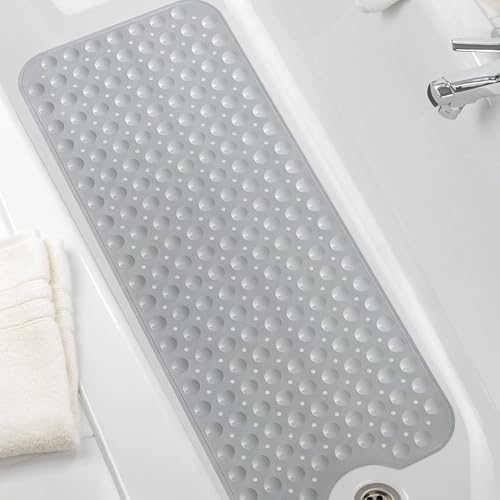 Extra Long Bath Mat Machine Washable Bath Mat for Tub Non Slip 40 x 16 Inch Bathtub Mat for Kids Bath Tub Shower Mat PVC Bathrrom Shower Mat with Suction Cup Drain Holes (Solid-Gray)