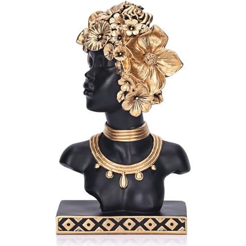 XIYOUQI Buste Femme Afro-américaine en résine, Figurine Africaine Vintage avec Fleurs dorées, décoration élégante Maison Bureau, Accent Salon étagère,...