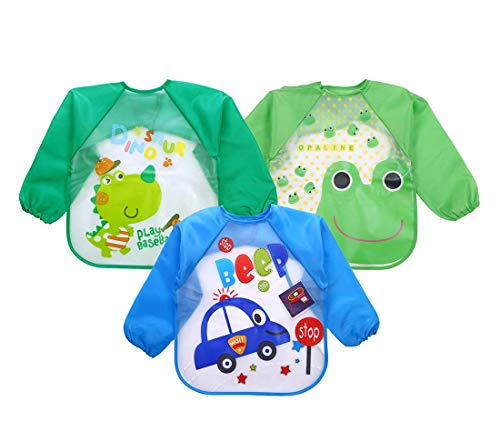 Repuhand 3 StüCk Wasserdichte Ärmellätzchen 1-3 Jahre Kinder Baby Lätzchen Essen und Malschürze Bastelschürze Cartoon Drucken Lang mit Ärmeln für Mädchen Junge