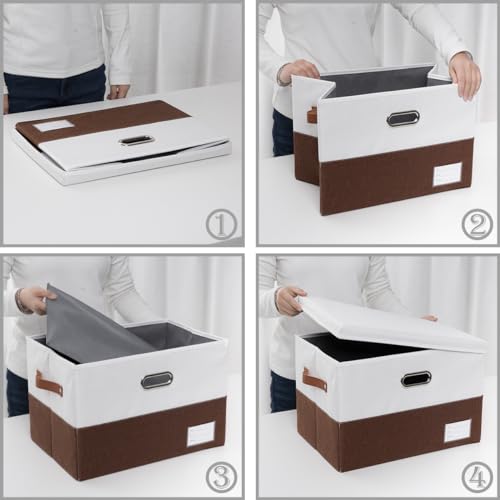 Image of PRANDOM Foldable Storage Bins with Lids [3-Pack] Fabric Collapsible Storage Boxes Baskets Cubes Containers with Handles for Closet Living Room Bedroom (Brown & White 17.7x11.8x11.8'')