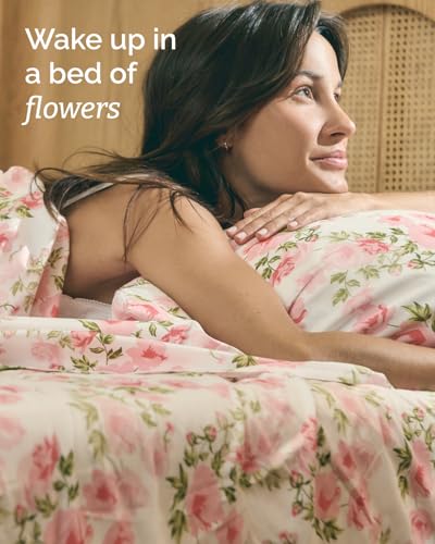 Image of King 4 Piece Boho Botanical Floral Sheet Set - Breathable & Cooling - Bloom | 1 Flat, 1 Fitted & 2 Pillowcases w / Deep Pockets, Boho Botanical Floral Bedding, Breathable & Cooling, Wrinkle & Fade Free