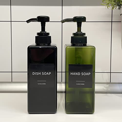 Image of Green Soap Dispenser with Waterproof Labels, 16 oz Dish Soap Dispenser for Kitchen, Thickened Plastic Hand Soap Dispenser for Bathroom, Shampoo and Conditioner Pump Bottles with Silicon Funnel, 2 Pack