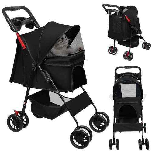 Cochecito plegable para mascotas, marco de acero al carbono, tela Oxford 300D, 4 ruedas, capacidad de 20 kg, perro gato pequeño/mediano (negro)