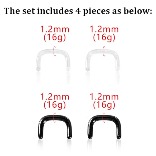 4pcs Glass Septum Retainers 16g 14g 12g 10g 8g, 2pcs Black & 2pcs Clear U-Shape Pincher Tapers with O-Rings for Work, Sports, Surgery, Hypoallergenic2