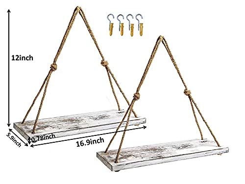 Horezer Wood-Rope Hanging Floating Shelves Wall Decor Set Of 2, Rustic White Wall Shelf With 4 Hooks And 4 Ropes,Wall Hanging Rope Shelves For Garden Kitchen Bathroom Living Room #TOP1