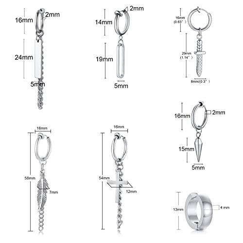 Vnox 16 Pieces Hoop Dangle Clip On Earrings/Non Piercing Stainless Steel Hinged Earrings Long Chain Dangle Earrings For Men Women #TOP5