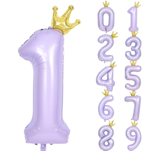Lausatek バルーン 数字 風船 誕生日 40インチ 大きい ナンバー1 王冠付き クラウン バースデー 飾り付け パーティー 記念日 結婚式 男の子 女の子 約100cm 紫 ラベンダー