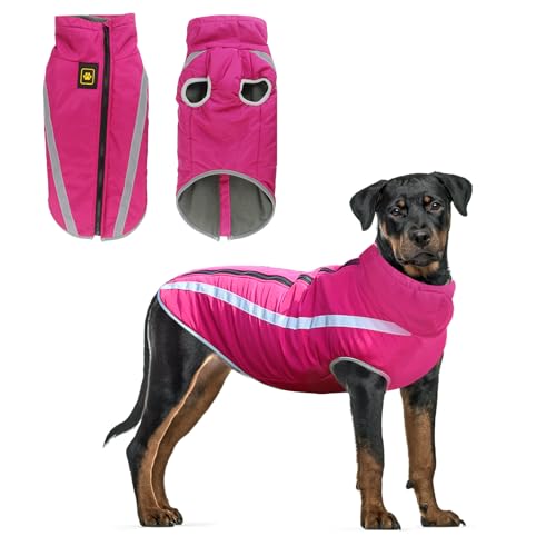 Hunde Winterjacke, Warme Hundejacke Mantel für Mittlere und Große Hunde Winter Wasserdicht Hundekleidung Reflektierende Fleece Welpen Outdoor-Mäntel für Labrador, Bulldogge, Samoye (4XL/53cm, Rosa)