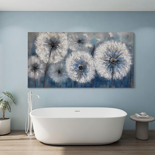 Image of Dandelion Wall Art Blue Large Picture for Living Room Canvas Art Wall Decor Above Bed White Flower Artwork for Walls Wall Paintings Modern Art Aall Decor Framed Wall Art for Bedroom 29x58IN