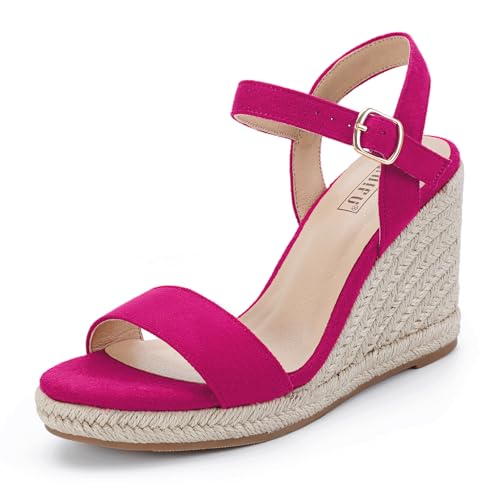 IDIFU Hot Pink Espadrille Wedge Sandals for Women Open Toe Ankle Strap Platform Wedges Heels Causal Summer Wedge Shoes Comfortable Espadrilles Wedges (Hot Pink Suede, 8)