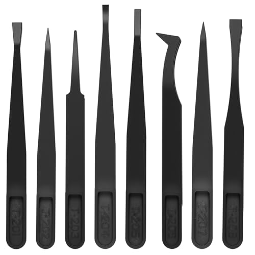 8 PCS Precision Plastic Tweezers 4.7 Inch Length Precision Anti-Static Tweezers with Curved and Straight Tips for Electronics Assembly Jewelry-Making Watch Repair Crafts Making Black