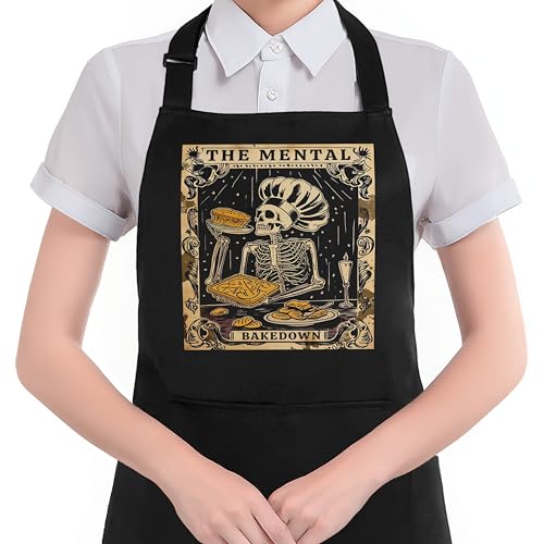 HUGANE Funny Gothic Skeleton Baker Apron with Pockets, Baking Lovers Women Gifts, The Mental Bake Down Waterproof Adjustable Cooking Apron for Kitchen Dishwashing Grilling
