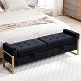 AEMEIOS 67' End of Bed Storage Bench for Bedroom King Size, Double Lids Storage Ottoman Bench with Golden Legs, Velvet Bed Bench for Living Room Window Entryway, Black