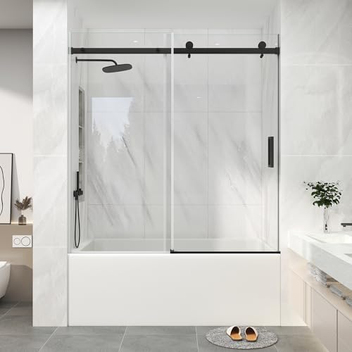 KPUY Frameless Sliding Bathtub Door, 55-60" W x 60" H Tub