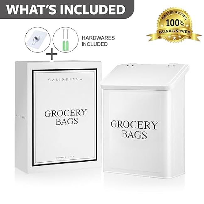 Calindiana Modern Farmhouse Metal Magnetic Grocery Bags Holder for Plastic Bags with LId and Kitchen Organizer and Storage Wall Mount Grocery Bag Dispenser Space Saving, White