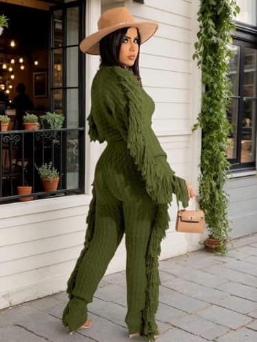 Image of Angsuttc Sweater Sets for Women Knitted Tassels 2 Piece Outfits Solid Long Sleeve Cropped Sweaters and Pants Set