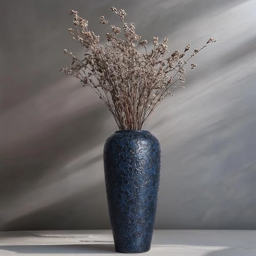 Blue Ceramic Vase, 13" Tall Rustic Terracotta, Blue Pampas Grass