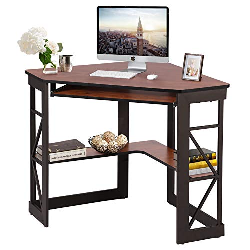VECELO Corner Computer Desk 41 x 30 inches with Smooth Keyboard & Storage Shelves for Home Office Workstation, Teakwood Brown VECELO Corner Computer Desk 41 x 30 inches with Smooth Keyboard & Storage Shelves for Home Office Workstation, Teakwood Brown