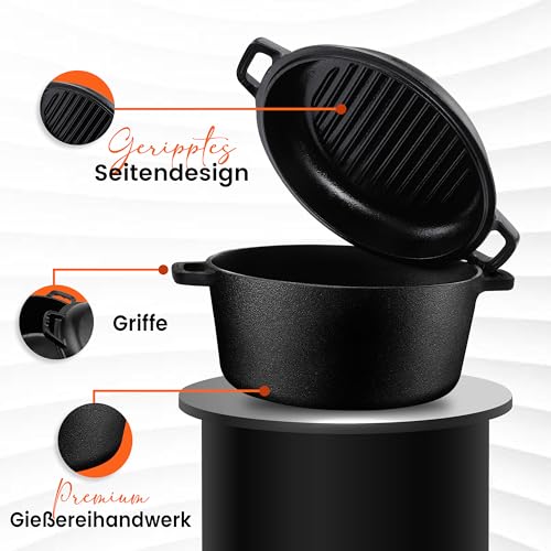 KICHLY 2 in 1 Gusseisen Topf Mit Doppelter Zweck Grillpfannendeckel - Vorgewürzter Gusseiserner Dutch Oven – Brot Backen, Kochen, Braten, Schmoren & Grillen – Im Innen- Und Außenbereich