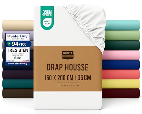 Utopia Bedding Drap Housse - Blanc, 160 x 200 cm - Certifié Oeko-Tex - Bonnets 35 cm pour Matelas Épais - Polyester Microfibre brossée
