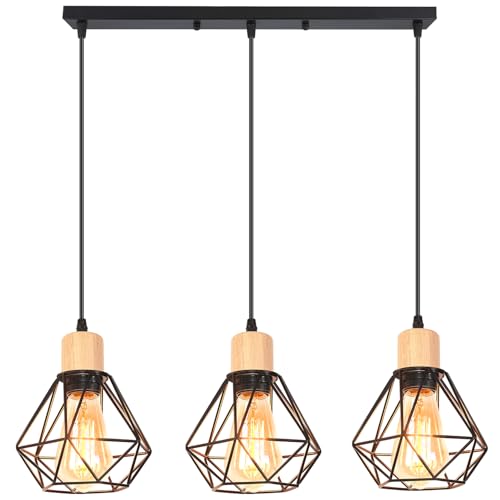 iDEGU 3 Lampes Suspension Luminaire Industrielle Métal Bois Lustre Plafonnier Style Cage Géométrique Éclairage E27 Lampe de Plafond Vintage pour Salon...