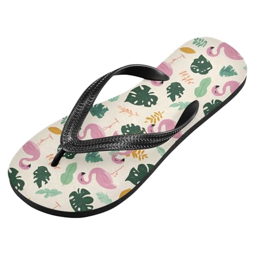 ALAZA Cute Flamingo Tropical Leaves Flip Flops for Women Fashion Beach Slippers Comfort Mens Flip Flops Non-Slip Rubber Shower Slippers Sandal for Hotel Travel Sport,XS2