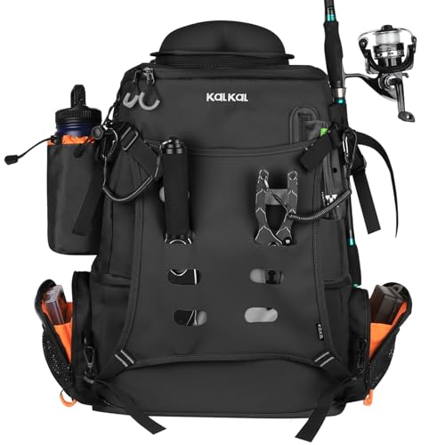 Kalkal Fishing Backpack with Rod Holder, 51L Large Waterproof Fishing