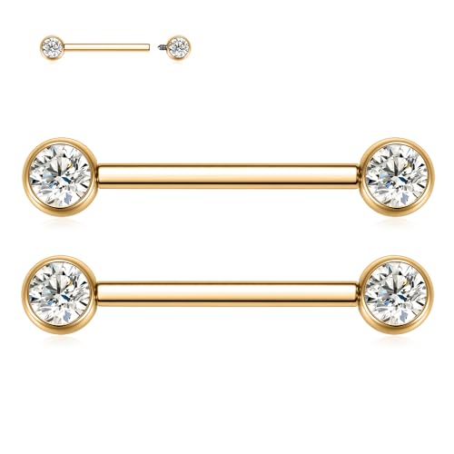 FUNLMO Nipple Piercing Jewelry Titanium Nipple Rings Internally Threaded Tongue Rings Bridge Piercing Jewelry Nipple Barbells 14G 18mm Gold Clear CZ