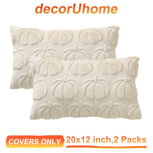 Image of decorUhome Fall Decorative Beige Pumpkin Throw Pillow Covers 12x20 Set of 2, Soft Faux Fur Plush Farmhouse Accent Pillow Cases for Couch Bed Sofa Autumn Harvest Halloween Holiday Home Decor