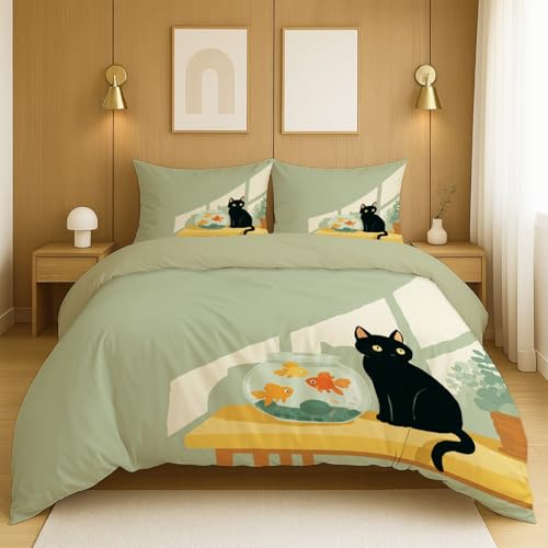 Juego de Cama de Tres Piezas Respirable Incluye 2 Fundas de Almohada de 80 x 80 cm y 1 Colcha de 150x200 cm., Verde Animación Animales Gatos