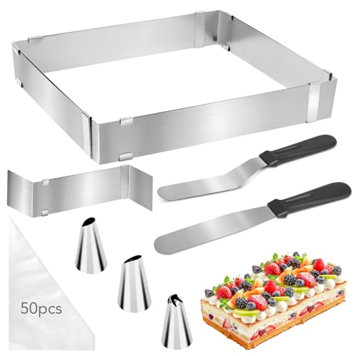 Backrahmen Rechteckig Verstellbar, Backrahmen Eckig Verstellbar mit Teiler, Spatel, Spritzbeutel und Tüllen, Edelstahl Backform Rechteckig, Backblech Ausziehbar für Schichttorten Kuchen Torten Pizza