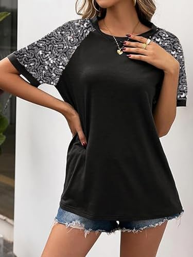 Women Sequined Splicing Short Sleeve T-Shirt Fashion Sparkle Sequin Party Tops Glitter Summer Beach Vacation Tee Shirt3
