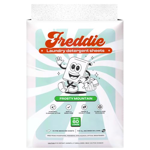 Freddie Hojas de detergente para lavandería, aroma a montaña helada, 60 cargas (30 hojas), tiras concentradas ecológicas sin líquido