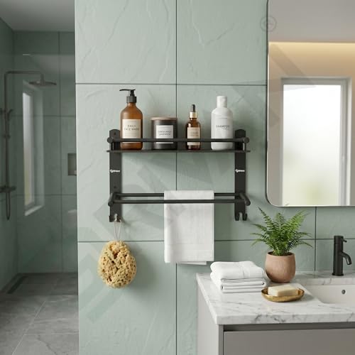 Image of GRIVAN Stainless Steel Bathroom Shelf Rack Stand with Dual Towel Rod | Multipurpose Bathroom Accessories Set (Black Matte)
