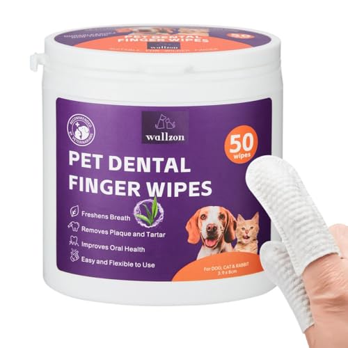 WALLZON Teeth Cleaning Finger Wipes for Dogs & Cats Soft Pet Dental Finger Wipes for Dogs Disposable Cat Tooth Cleaning Wipes Gentle Dog Teeth Brushing Finger Wipes (50 Wipes Finger Wipes)