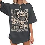 Migxsaf Oversized Christian Faith Shirts for Women Jesus Bible Verse Tshirts Wildflower Floral Boho Shirt Vintage Graphic Tee(Charcoal Gray,M)