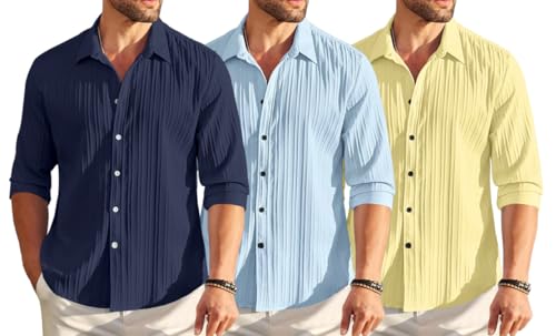 Image of FINIVO FASHION Combo of Men's Casual Cotton Plain Button Down Shirt Long Sleeve Textured Summer Beach Shirt for Men Pack of 3