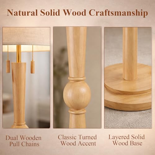 Image of MOFFE Solid Wood Floor Lamp for Living Room with Wooden Pull Chains | 62.8 inch Tall,Sculptural Wood Base & Stem,17 inch Linen Drum Shade,2-Light Standing Lamp for Bedroom & Reading Corner,Bulbs Included