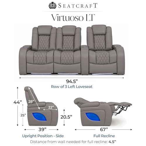 Image of Seatcraft Virtuoso LT Gray Italian Leather Home Theater Seating, Zero Gravity Power Recliner, Heat and Massage, Powered Headrest and Lumbar Gaming and Home Office Chair, Row of 3 Left Loveseats