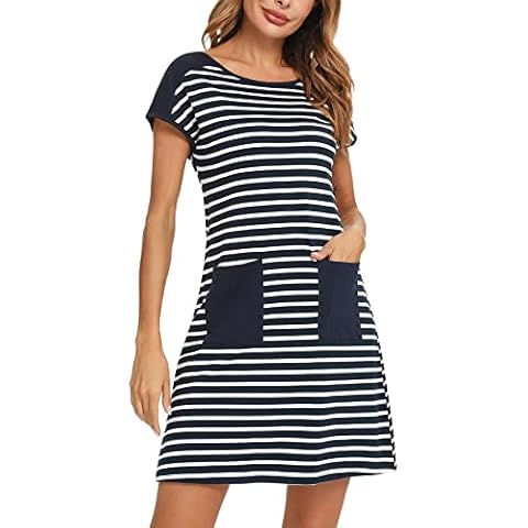 Uniexcosm Nachthemd Damen Streifen Nachtkleid Baumwolle Kurzarm Nachtwäsche Sleepshirt Rundhals Lässige Schlafhemd Schlafshirt Freizeitkleid B Cover