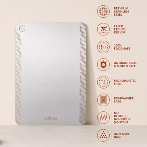 Image of Nestasia Stainless Steel Chopping Board for Kitchen (35cm x 25cm) - Geometric Motif Engraved Steel Cutting Board for Chopping Fruits & Vegetables | Anti-Skid, 100% Food Safe & Rust Resistant
