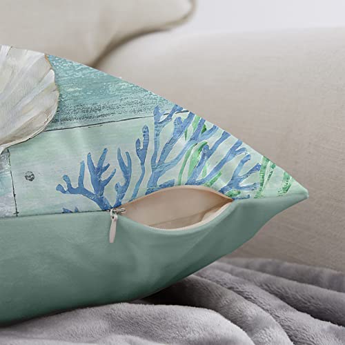 Nautical Coastal Throw Pillow Covers Set Of 2 Beach Conch Coral Starfish Pillow Cases Decorative Ocean Sea Life Outdoor Couch Cushion Cover For Bedroom Living Room, 18" X 18" #TOP4