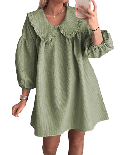 Ynhonra 2025 Women's Babydoll 3/4 Puff Sleeve Plaid Mini Dress Lapel Doll Collar Loose Y2k Dress(Green-S)